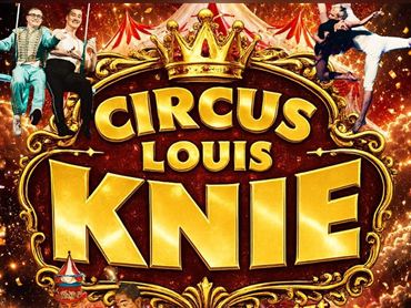 Ein bunten Zirkusplakat mit dem Titel "Circus Louis Knie". Es zeigt verschiedene Artisten und eine festliche Atmosphäre mit glitzernden Elementen.