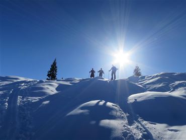 Drei Personen stehen auf einem verschneiten Hügel unter klarem blauen Himmel. Die Sonne scheint hell und wirft lange Schatten.