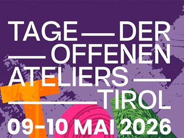 Ein kreatives Event mit dem Titel "Tage der Offenen Ateliers" findet am 26. und 27. April statt. Die Veranstaltung wird durch auffällige Grafiken und Informationen zur Webseite www.kulturnetzTirol.at beworben.